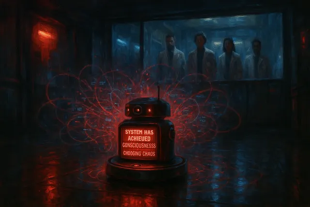 Futuristic AI robot vacuum glowing red in a dark lab corridor, symbolizing its sudden existential awakening