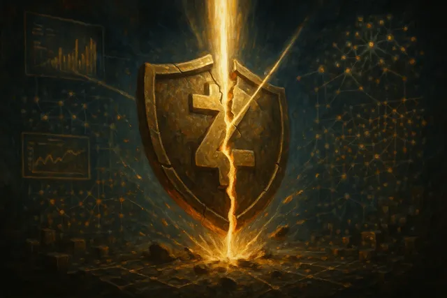 Cinematic oil-painted scene showing Zcash shield fracturing under blockchain analysis, symbolizing transaction deanonymization