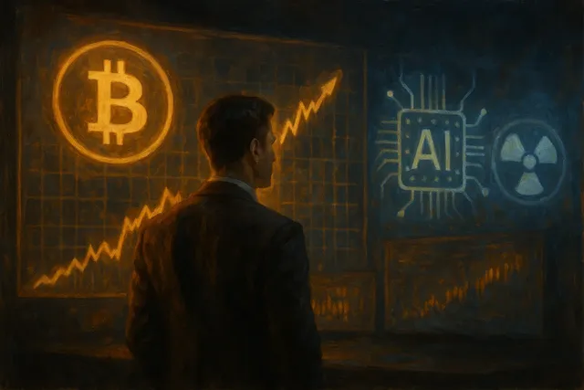 Financial analyst speaking about Bitcoin losing popularity in 2025, with digital charts and golden crypto symbols in the background