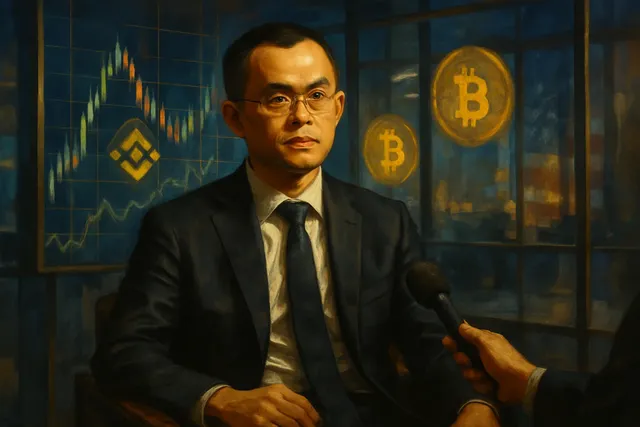 Changpeng Zhao giving an interview after Trump’s presidential pardon, with U.S. and Binance symbols in the background