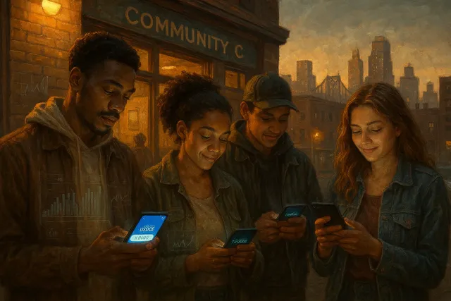 Realistic-oil cinematic scene of New York residents receiving USDC payments on mobile wallets as part of a basic income pilot