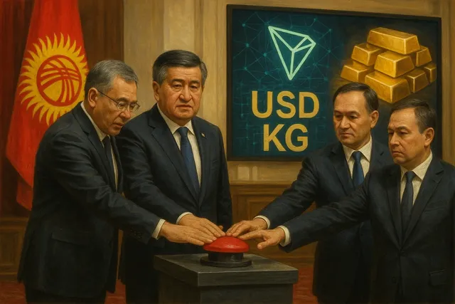 Kyrgyz president and officials launching the gold-backed USDKG national stablecoin during an official ceremony in Bishkek