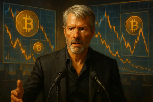 Michael Saylor speaking about Bitcoin volatility with price charts in background.