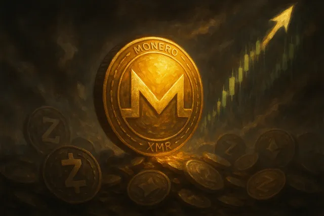 Monero coin glowing among other privacy cryptocurrencies during market rally, digital oil painting